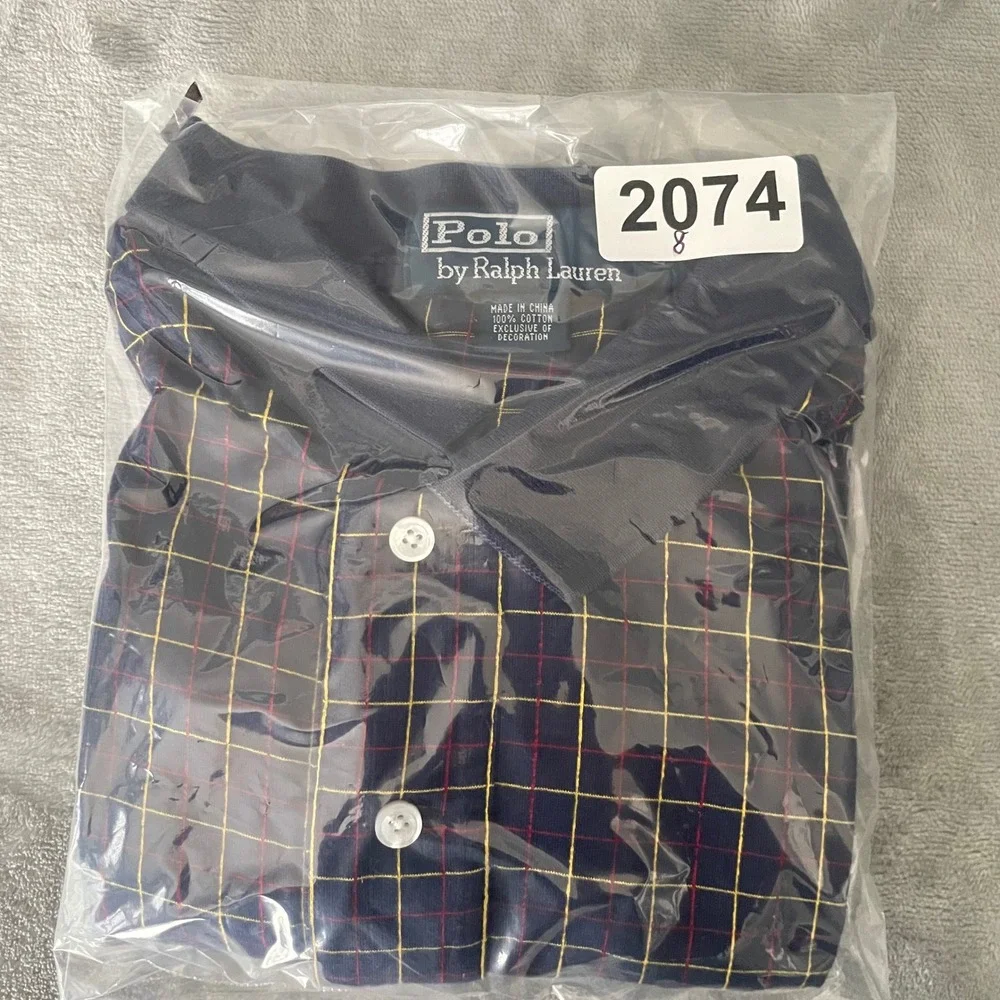 Polo Ralph Lauren VTG Polo Shirt Mens L Blue Plaid‎ Windowpane Check Cotton Logo